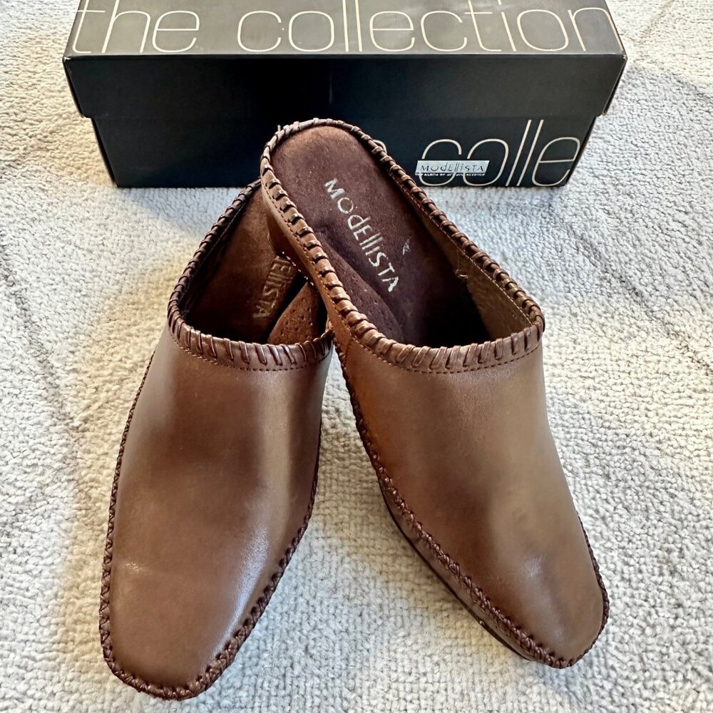 NIB Modellista Brown Leather Slip-On Kitten Heel Drive Mules Whip Stitch Detail